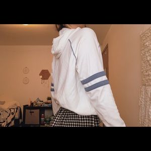 White hoodie with blue line designs